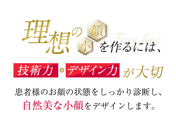 理想の小顔を作るには、技術力+デザイン力が大切 患者様のお顔の状態をしっかり診断し、自然美な小顔をデザインします。