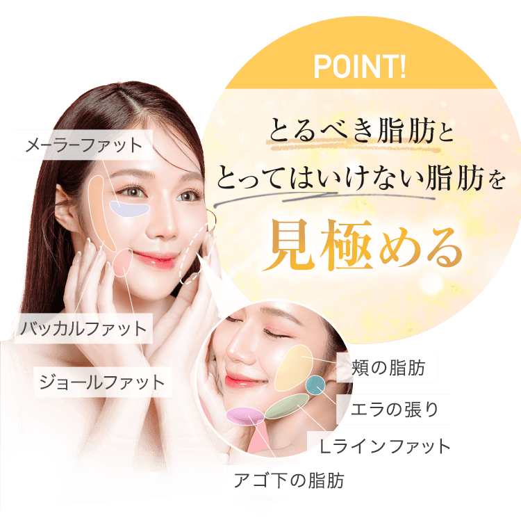 POINT! とるべき脂肪ととってはいけない脂肪を見極める メーラーファット|バッカルファット|ジョールファット 頬の脂肪/エラの張り/Lラインファット/アゴ下の脂肪