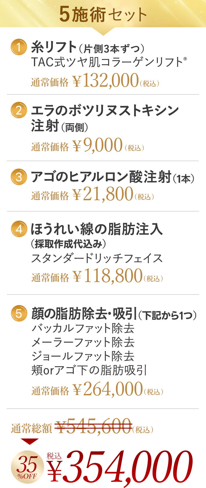 5施術セット 1. 糸リフト (片側3本ずつ) TAC式ツヤ肌コラーゲンリフト® | 2. エラのボツリヌストキシン注射(両側) | 3. アゴのヒアルロン酸注射 (1本) | 4. ほうれい線の脂肪注入(採取作成代込み) スタンダードリッチフェイス | 5. 顔 (下記から1つ) の脂肪除去・吸引 バッカルファット除去 / メーラーファット除去 / ジョールファット除去 / 頬orアゴ下の脂肪吸引