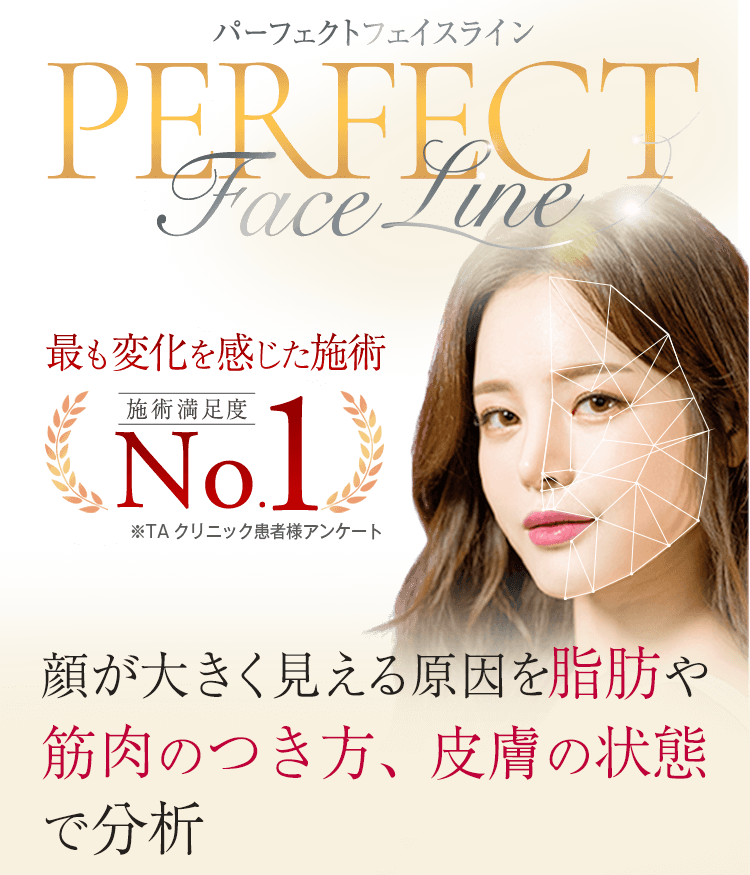 パーフェクトフェイスライン 最も変化を感じた施術 施術満足度 No.1 ※TAクリニック患者様アンケート 顔が大きく見える原因を脂肪や筋肉のつき方、皮膚の状態で分析