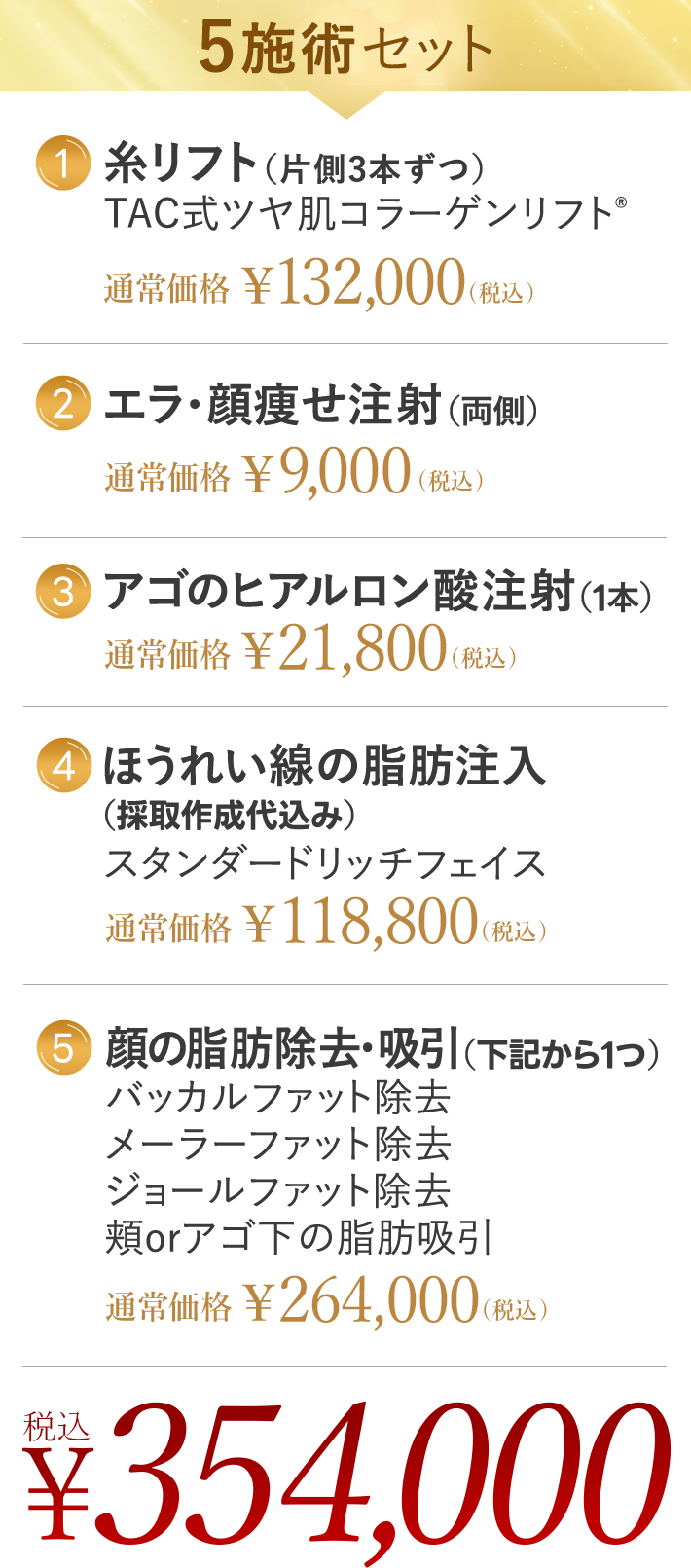 5施術セット 1. 糸リフト (片側3本ずつ) TAC式ツヤ肌コラーゲンリフト® | 2. エラのボツリヌストキシン注射(両側) | 3. アゴのヒアルロン酸注射 (1本) | 4. ほうれい線の脂肪注入(採取作成代込み) スタンダードリッチフェイス | 5. 顔 (下記から1つ) の脂肪除去・吸引 バッカルファット除去 / メーラーファット除去 / ジョールファット除去 / 頬orアゴ下の脂肪吸引